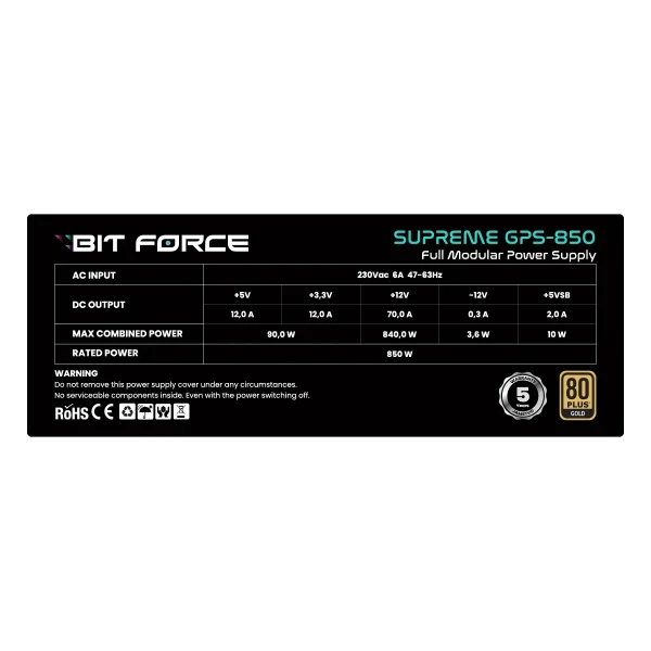 BIT FORCE napajanje 850W 80PLUS GOLD SUPREME GPS-850 modularno ATX 3.1 PCI-E 5.1 FDB